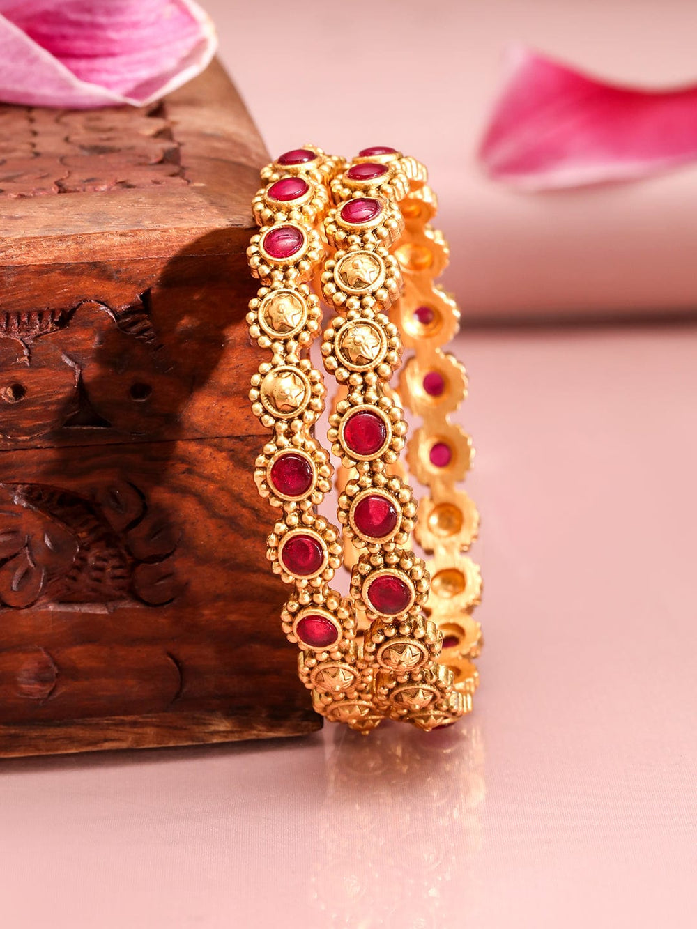 Rubans Set of 2 22K Gold-Plated Ruby Stone Studded Ethnic Bangles Bangles & Bracelets