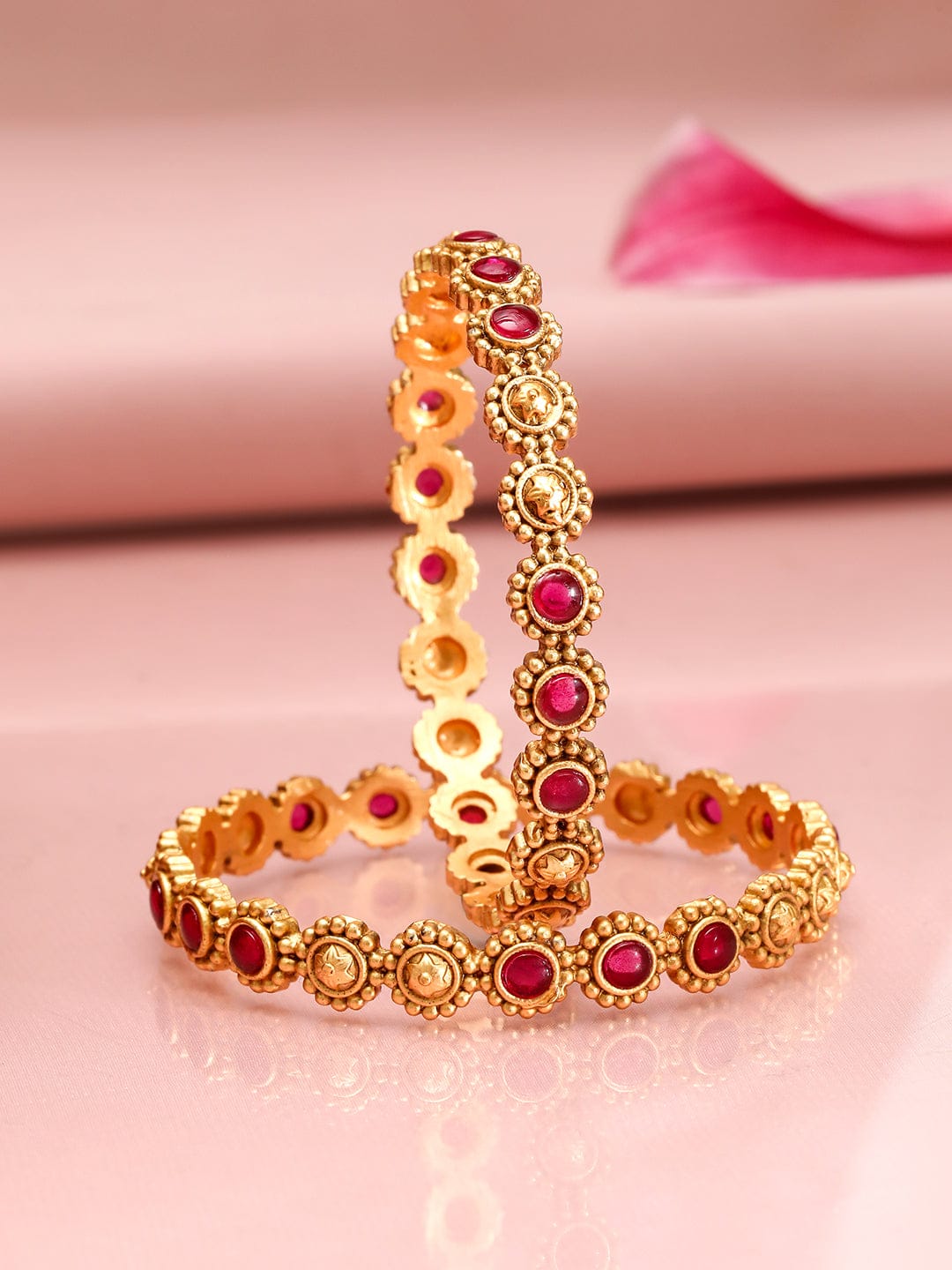 Rubans Set of 2 22K Gold-Plated Ruby Stone Studded Ethnic Bangles Wristwear