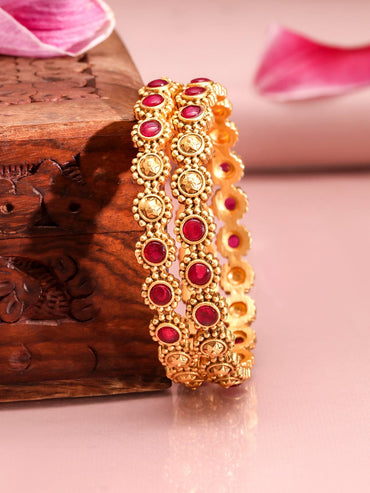Rubans Set of 2 22K Gold-Plated Ruby Stone Studded Ethnic Bangles Wristwear