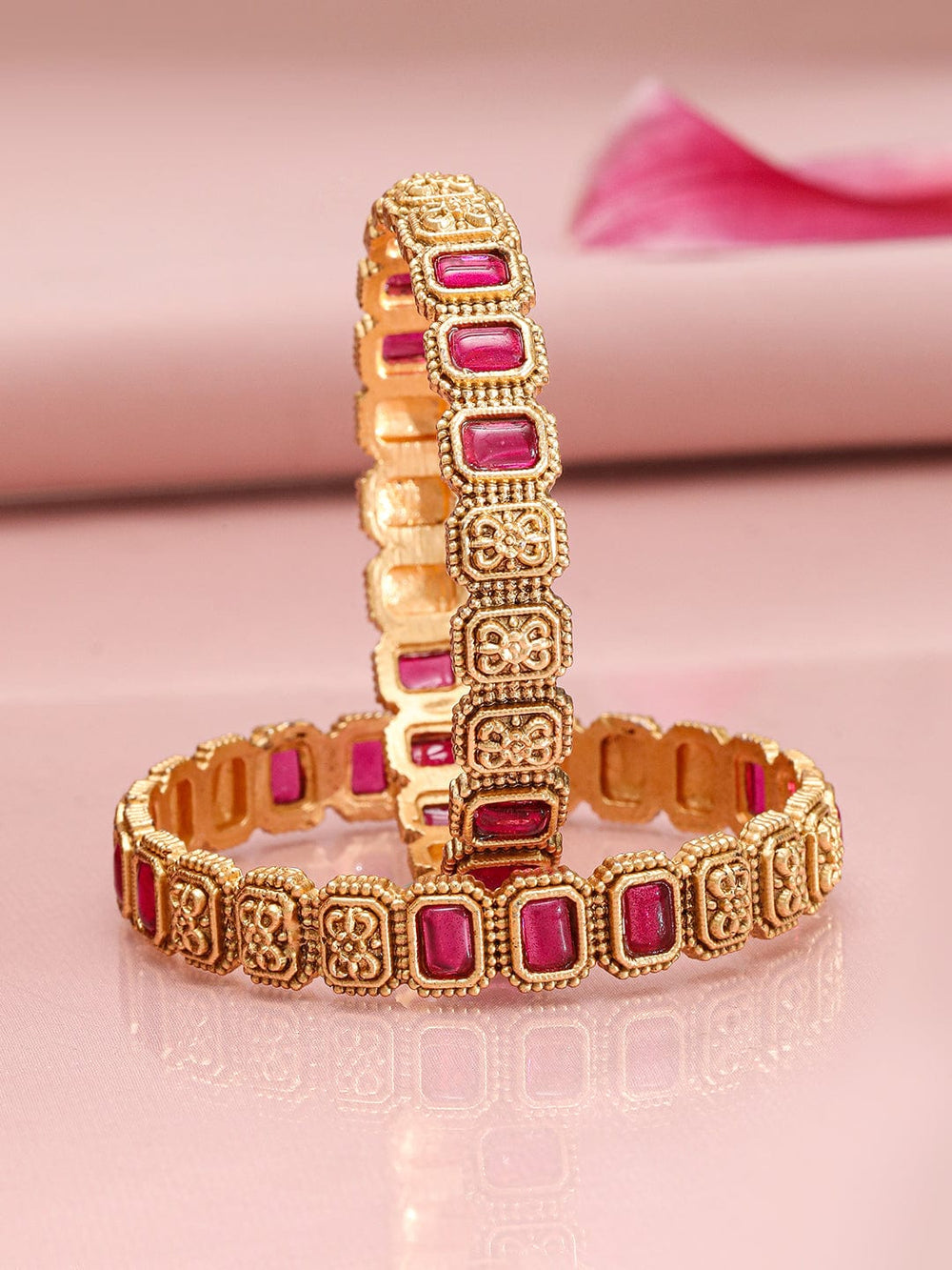 Rubans Set of 2 22K Gold-Plated Ruby Stone Studded Filigree Design Traditional Bangles Bangle