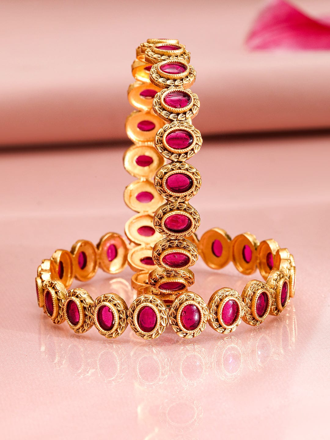 Rubans Set of 2 22K Gold-Plated Ruby Stone Studded Traditional Bangles Wristwear
