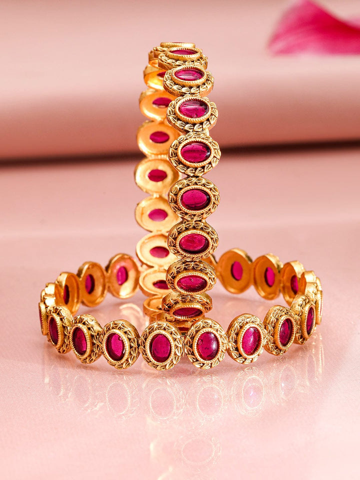 Rubans Set of 2 22K Gold-Plated Ruby Stone Studded Traditional Bangles Wristwear