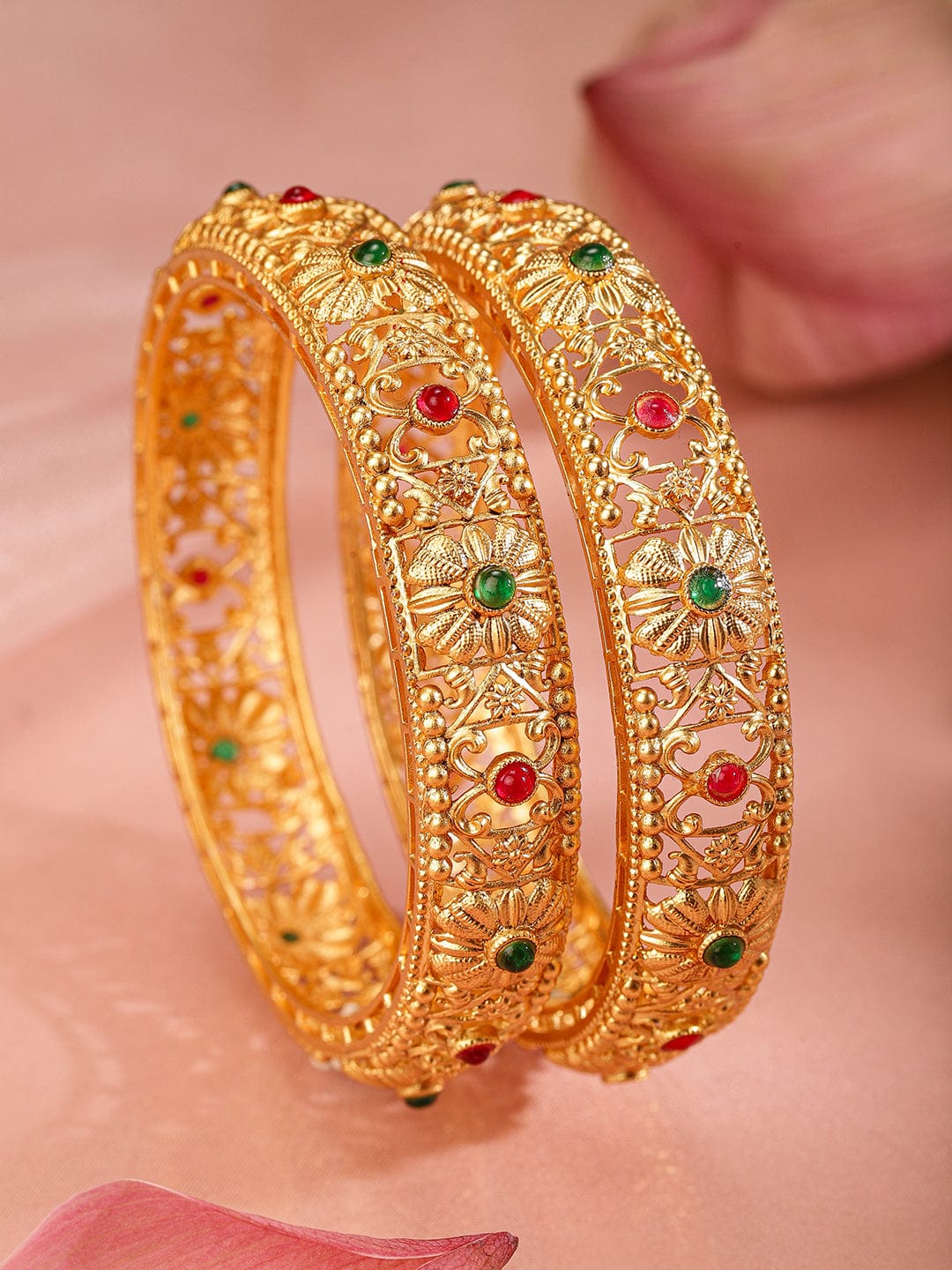 Rubans Set Of 2 22k Gold-Plated Stone-Studded Bangles Bangles & Bracelets