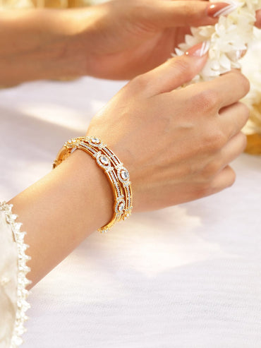 Rubans Set of 2, 22K Gold-Plated White Cubic Zirconia Studded Handcrafted Bangles Bangles & Bracelets