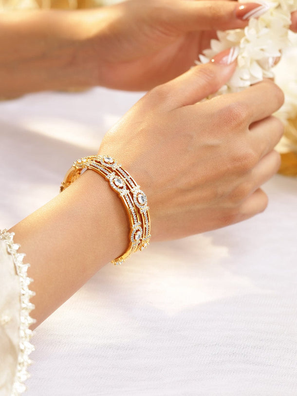 Rubans Set of 2, 22K Gold-Plated White Cubic Zirconia Studded Handcrafted Bangles Bangles & Bracelets