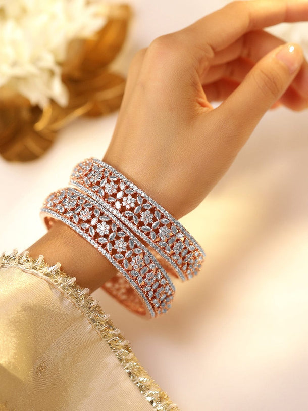 Rubans Set of 2 22K Rose Gold Plated Cubic Zirconia Stone Studded Floral Design Bangles Bangles & Bracelets