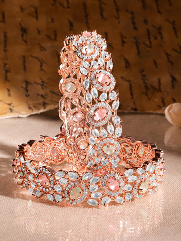 Rubans Set of 2 22K Rose Gold-Plated Pastel Pink, Blue & White Cubic Zirconia Studded Premium Bangles Bangles & Bracelets