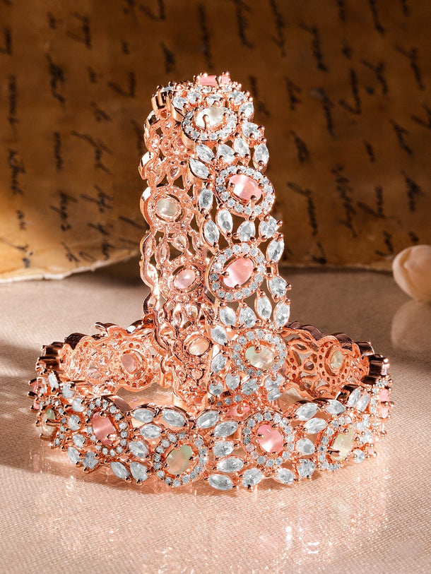 Rubans Set of 2 22K Rose Gold-Plated Pastel Pink, Blue & White Cubic Zirconia Studded Premium Bangles Bangles & Bracelets
