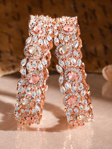 Rubans Set of 2 22K Rose Gold-Plated Pastel Pink, Blue & White Cubic Zirconia Studded Premium Bangles Bangles & Bracelets