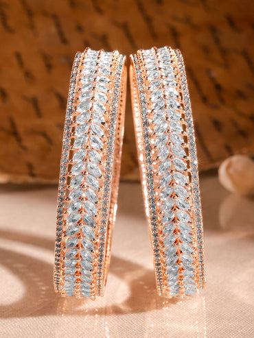 Rubans Set of 2 22K Rose Gold-Plated  White Cubic Zirconia Studded Leaf Motif Handcrafted Premium Bangles Bangles
