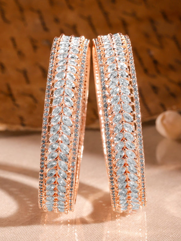Rubans Set of 2 22K Rose Gold-Plated  White Cubic Zirconia Studded Leaf Motif Handcrafted Premium Bangles Bangles