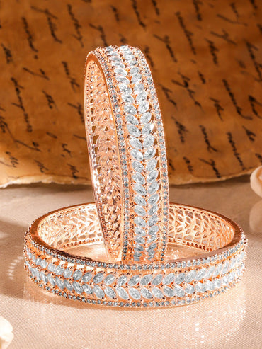 Rubans Set of 2 22K Rose Gold-Plated  White Cubic Zirconia Studded Leaf Motif Handcrafted Premium Bangles Bangles
