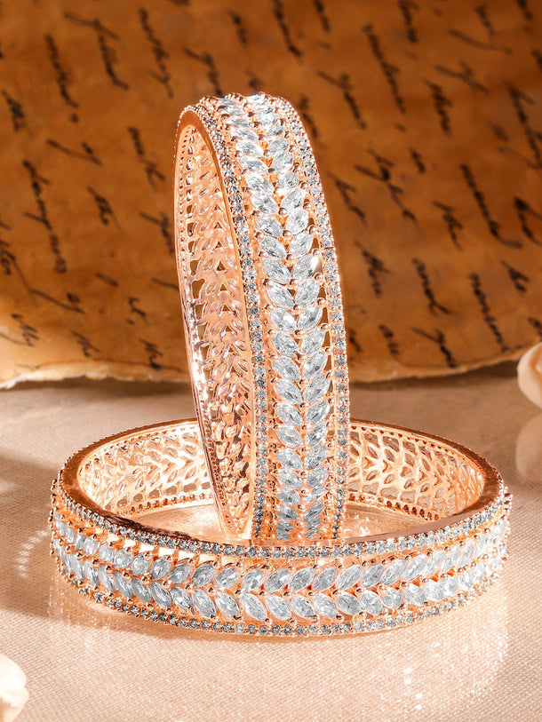 Rubans Set of 2 22K Rose Gold-Plated  White Cubic Zirconia Studded Leaf Motif Handcrafted Premium Bangles Bangles