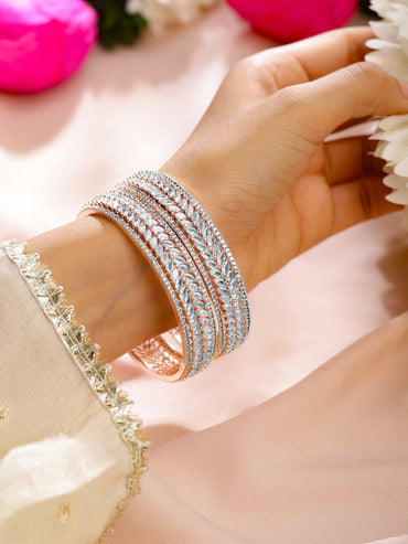 Rubans Set of 2 22K Rose Gold-Plated  White Cubic Zirconia Studded Leaf Motif Handcrafted Premium Bangles Bangles