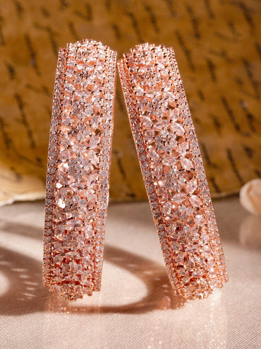 Rubans Set of 2, 22K Rose Gold Plated Zirconia Stone Studded Bangles Floral Design Bangles & Bracelets