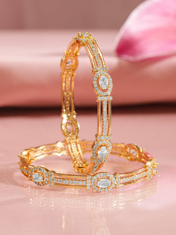 Rubans Set Of 2 22KT Gold-Plated White Cubic Zirconia-Studded Bangles Wristwear