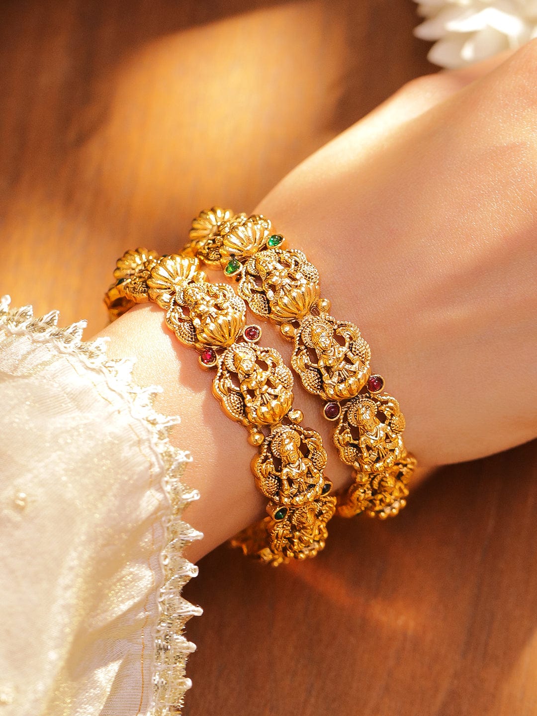 Rubans Set of 2 24K Gold-Plated Divine Lakshmi Temple Bangles with Ruby & Emerald Stones Bangles & Bracelet