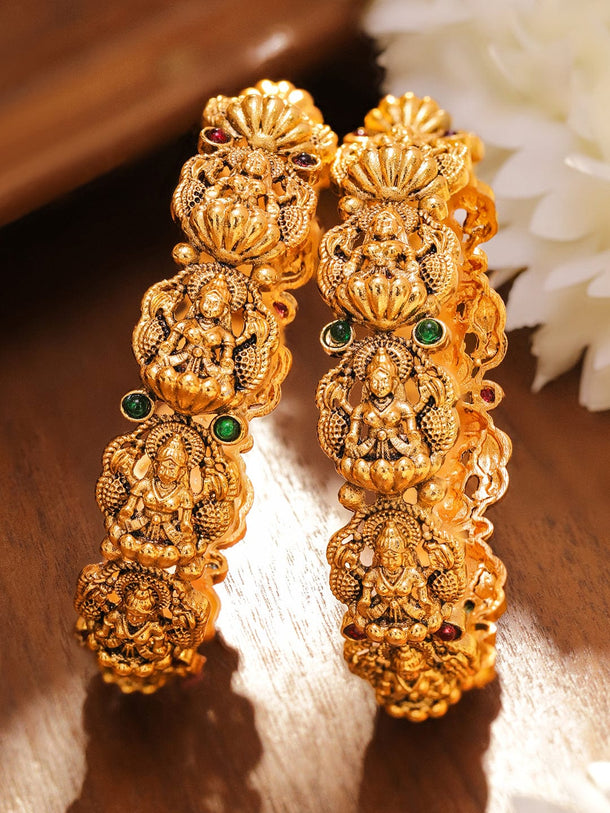 Rubans Set of 2 24K Gold-Plated Divine Lakshmi Temple Bangles with Ruby & Emerald Stones Bangles & Bracelet