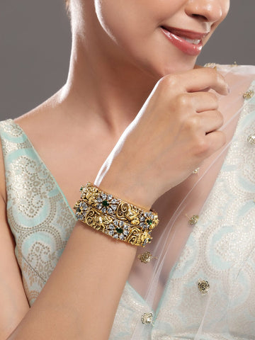 Rubans Set of 2 24K Gold-Plated Emerald & White Cubic Zirconia Handcrafted Bangle Set Bangles & Bracelets