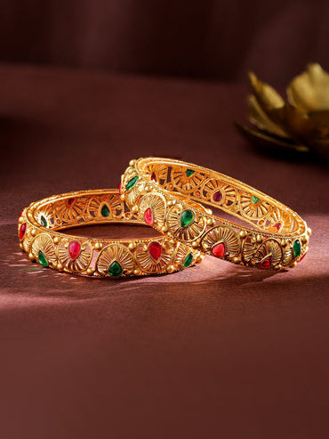 Rubans Set of 2, 24K Gold-Plated Handcrafted Bangles with Ruby Red & Emerald Green Stones Bangles & Bracelet