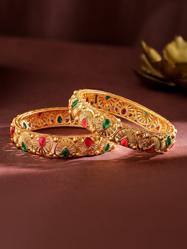 Rubans Set of 2, 24K Gold-Plated Handcrafted Bangles with Ruby Red & Emerald Green Stones Bangles & Bracelet