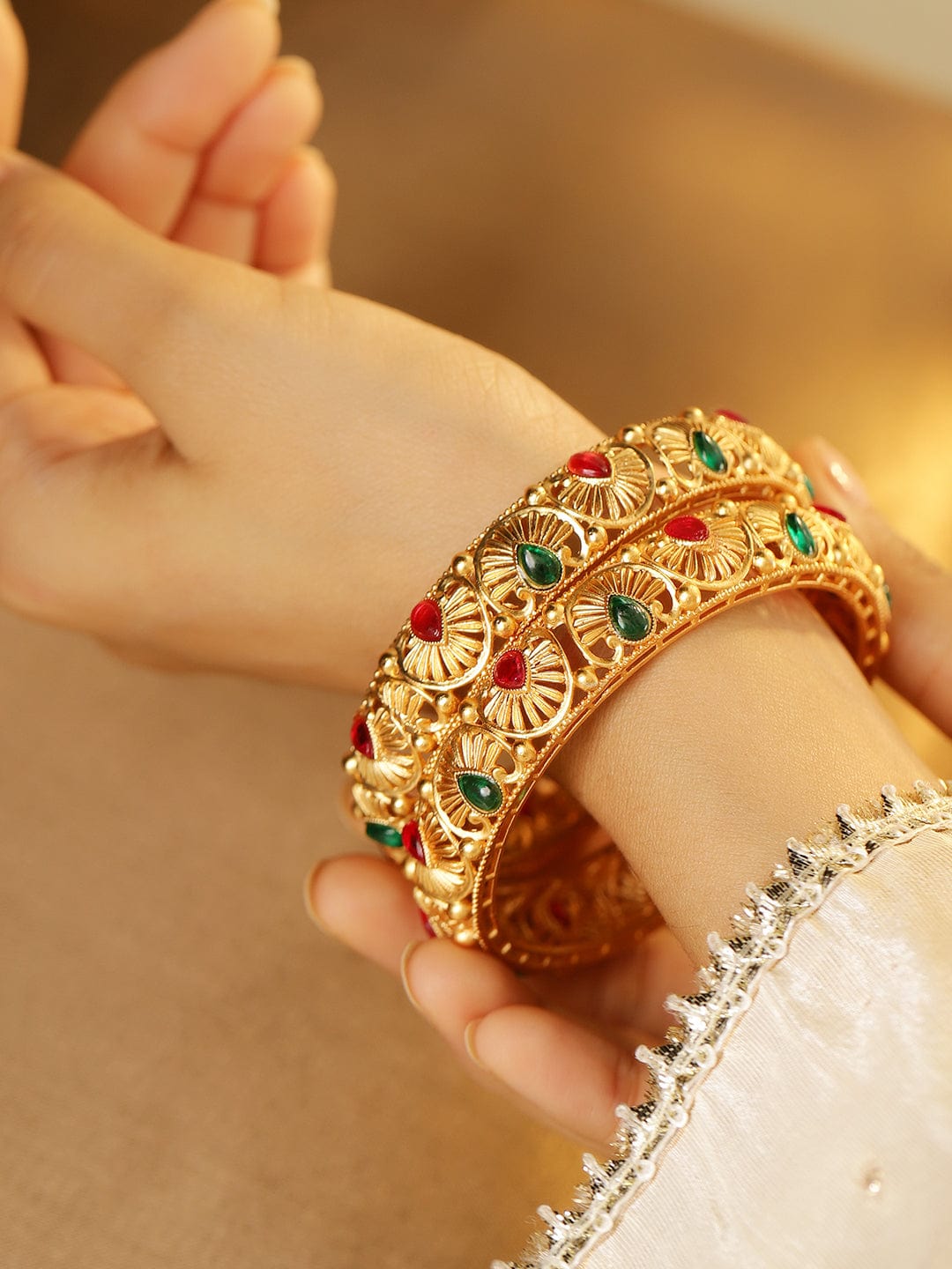 Rubans Set of 2, 24K Gold-Plated Handcrafted Bangles with Ruby Red & Emerald Green Stones Bangles & Bracelet