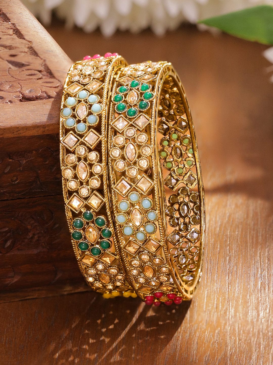 Rubans Set of 2 24K Gold-Plated Handcrafted Kundan & Multicolour Beaded Floral Bangles Bangles & Bracelets