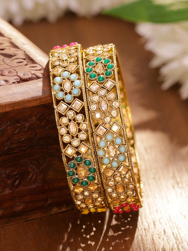 Rubans Set of 2 24K Gold-Plated Handcrafted Kundan & Multicolour Beaded Floral Bangles Bangles & Bracelets