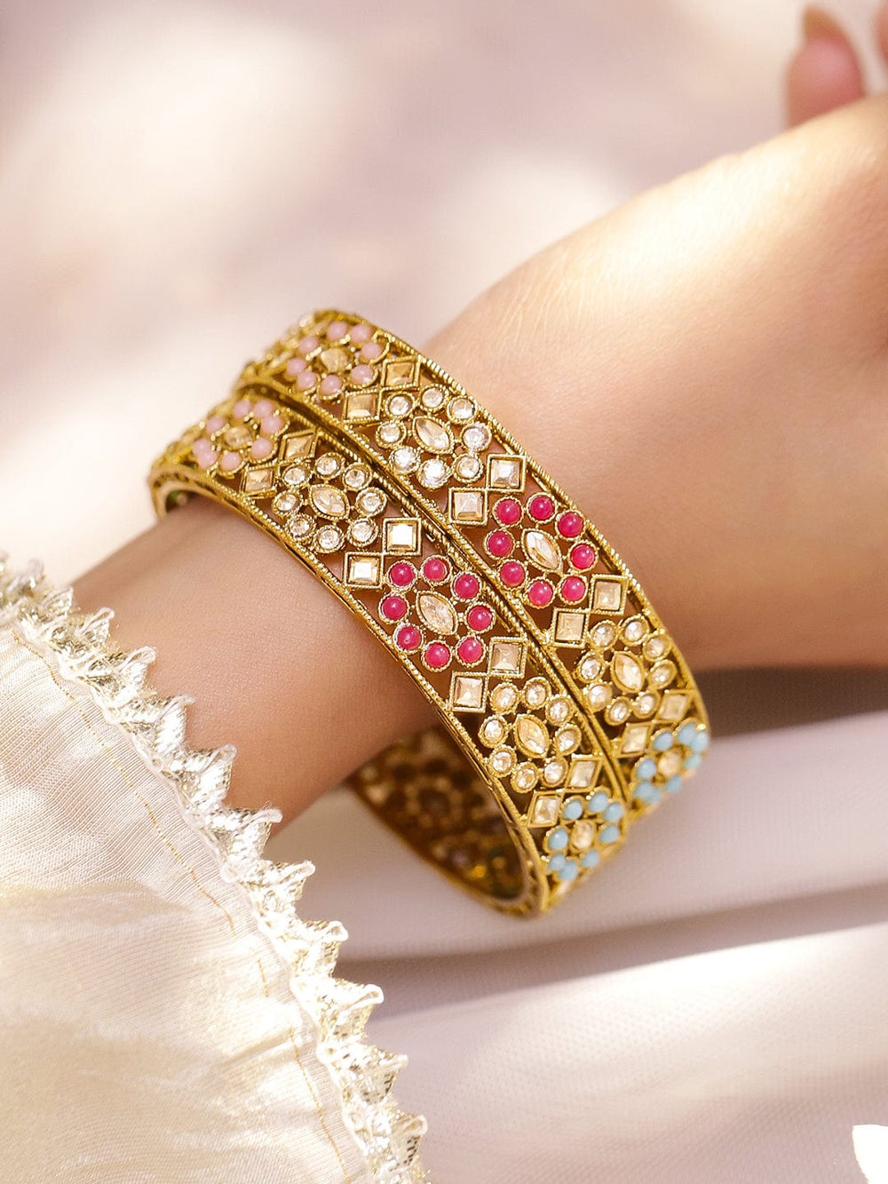 Rubans Set of 2 24K Gold-Plated Handcrafted Kundan & Multicolour Beaded Floral Bangles Bangles & Bracelets
