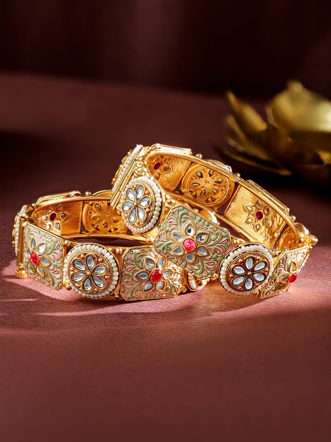 Rubans Set of 2, 24K Gold-Plated Handcrafted Kundan & Pearl Studded Meenakari Bangles Bangles & Bracelets