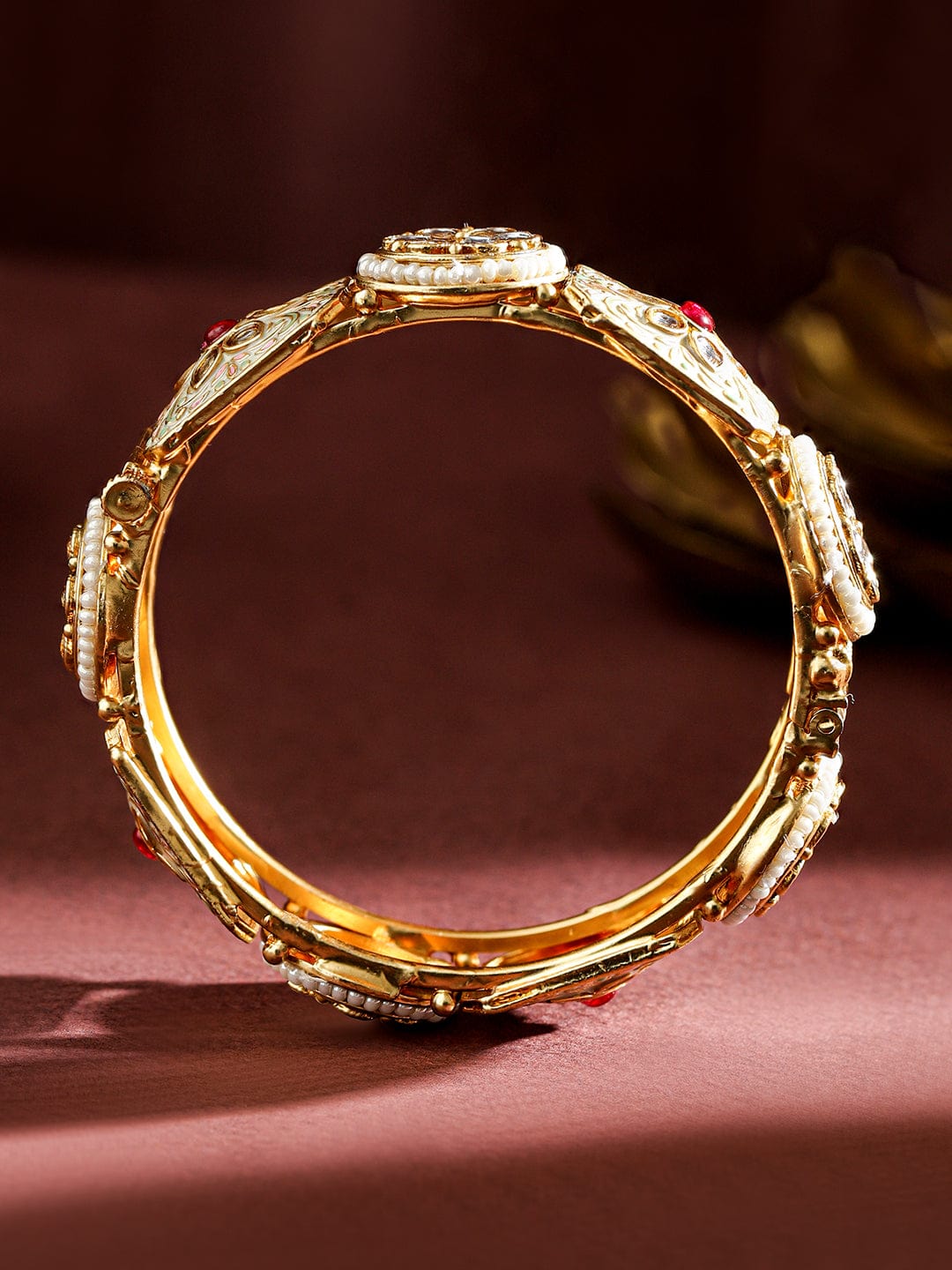 Rubans Set of 2, 24K Gold-Plated Handcrafted Kundan & Pearl Studded Meenakari Bangles Bangles & Bracelets