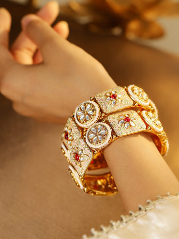 Rubans Set of 2, 24K Gold-Plated Handcrafted Kundan & Pearl Studded Meenakari Bangles Bangles & Bracelets