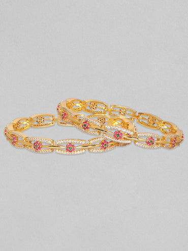 Rubans Set Of 2, 24K Gold Plated Red & Green Zircons Minimal Bangles Bangles & Bracelets