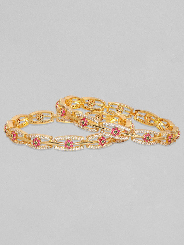 Rubans Set Of 2, 24K Gold Plated Red & Green Zircons Minimal Bangles Bangles & Bracelets