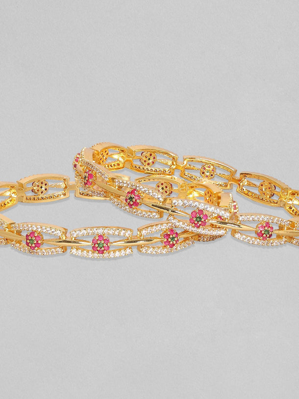 Rubans Set Of 2, 24K Gold Plated Red & Green Zircons Minimal Bangles Bangles & Bracelets