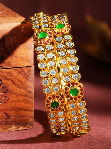 Rubans Set Of 2 24K Gold-Plated Ruby Pink & Emerald Green Kundan & White Cubic Zirconia Studded Handcrafted Bangles Bangles & Bracelets