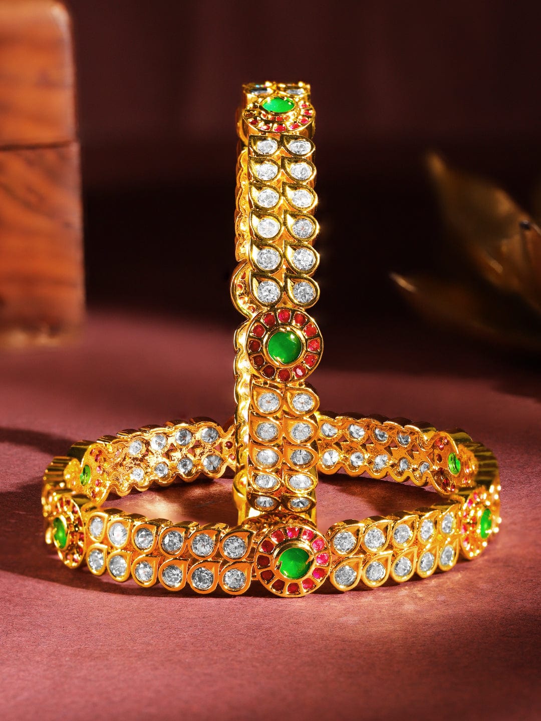Rubans Set Of 2 24K Gold-Plated Ruby Pink & Emerald Green Kundan & White Cubic Zirconia Studded Handcrafted Bangles Bangles & Bracelets