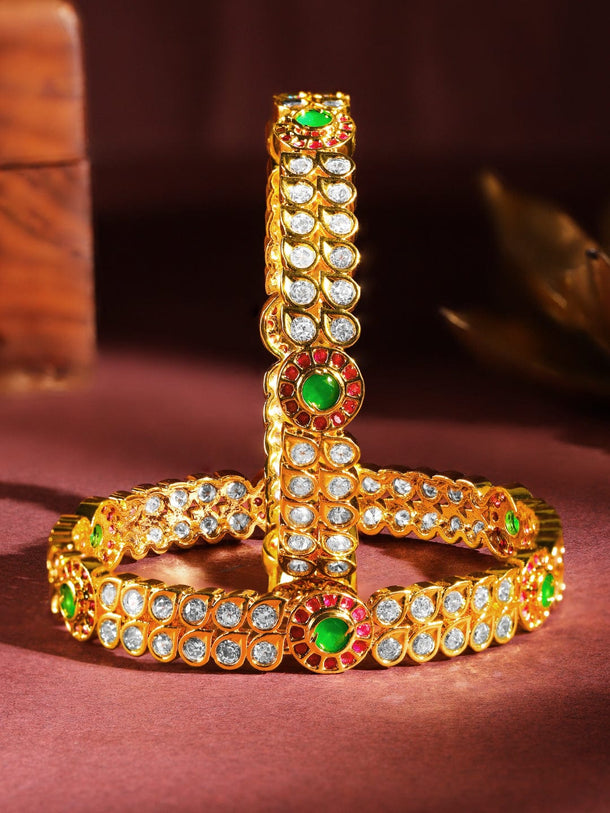 Rubans Set Of 2 24K Gold-Plated Ruby Pink & Emerald Green Kundan & White Cubic Zirconia Studded Handcrafted Bangles Bangles & Bracelets