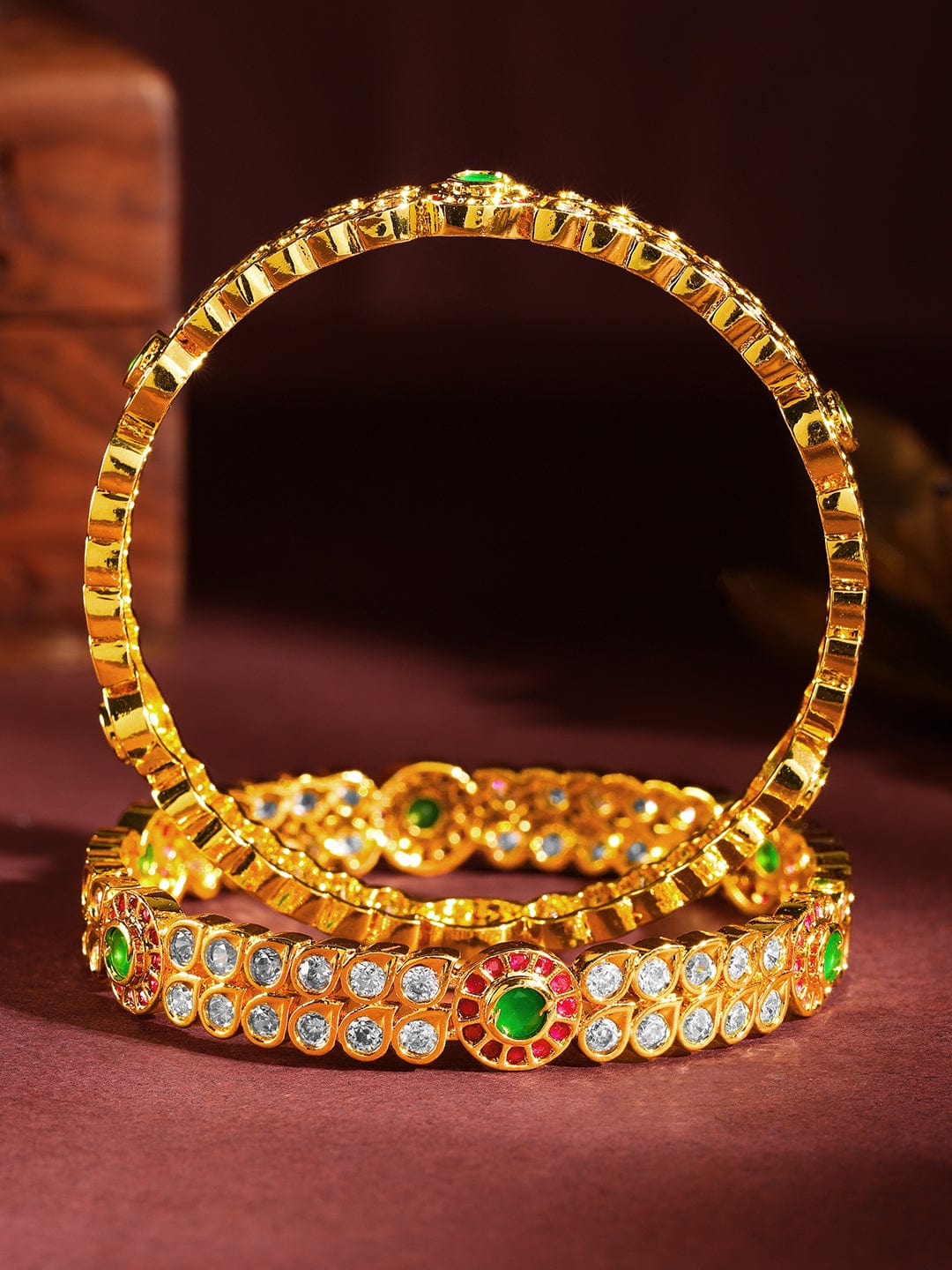 Rubans Set Of 2 24K Gold-Plated Ruby Pink & Emerald Green Kundan & White Cubic Zirconia Studded Handcrafted Bangles Bangles & Bracelets