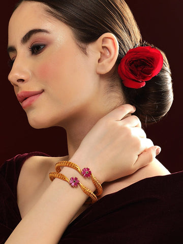 Rubans Set Of 2 24K Gold-Plated Ruby Pink Stone Floral Handcrafted Traditional Bangles Bangles & Bracelets