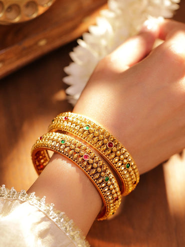 Rubans Set of 2 24K Gold-Plated Ruby Red & Emerald Green Studded Golden Beaded Bangles Bangles & Bracelets
