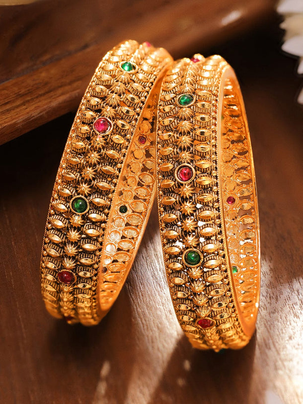 Rubans Set of 2 24K Gold-Plated Ruby Red & Emerald Green Studded Golden Beaded Bangles Bangles & Bracelets