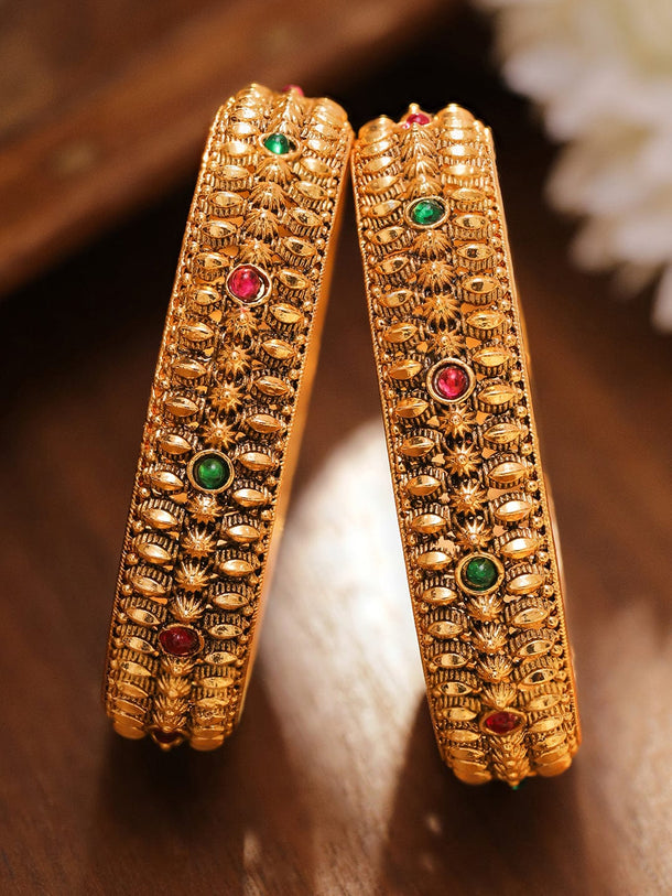 Rubans Set of 2 24K Gold-Plated Ruby Red & Emerald Green Studded Golden Beaded Bangles Bangles & Bracelets