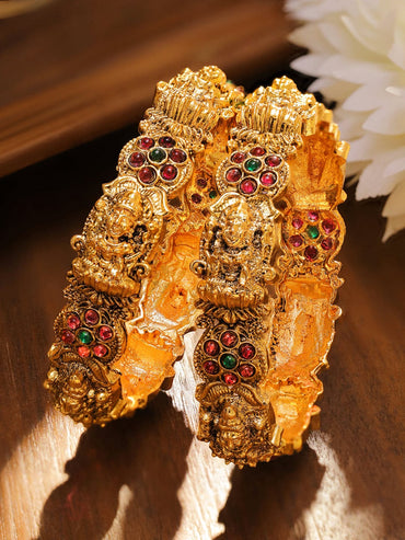 Rubans Set of 2 24K Gold-Plated Ruby Red & Green Stone Studded Temple Bangles with Lakshmi Motif Bangles & Bracelet