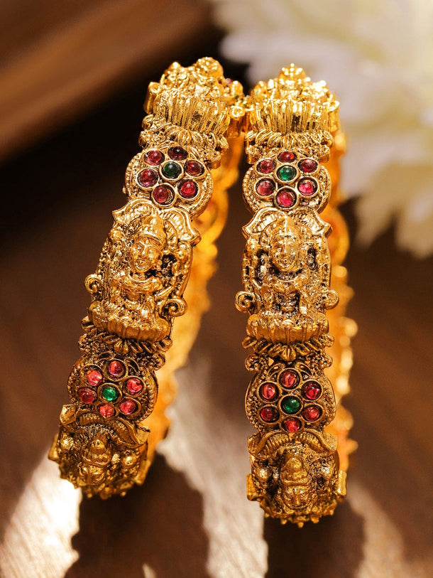Rubans Set of 2 24K Gold-Plated Ruby Red & Green Stone Studded Temple Bangles with Lakshmi Motif Bangles & Bracelet