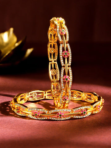 Rubans Set of 2 24K Gold Plated White Red and Green Kundan & Cubic Zirconia Studded Bangles Bangles & Bracelets