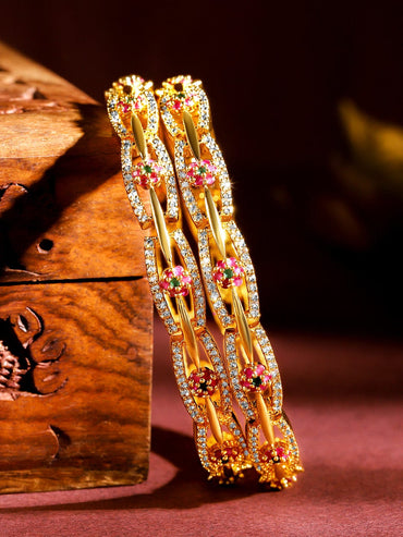 Rubans Set of 2 24K Gold Plated White Red and Green Kundan & Cubic Zirconia Studded Bangles Bangles & Bracelets