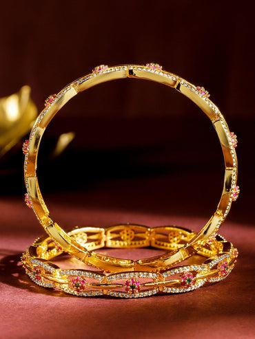 Rubans Set of 2 24K Gold Plated White Red and Green Kundan & Cubic Zirconia Studded Bangles Bangles & Bracelets
