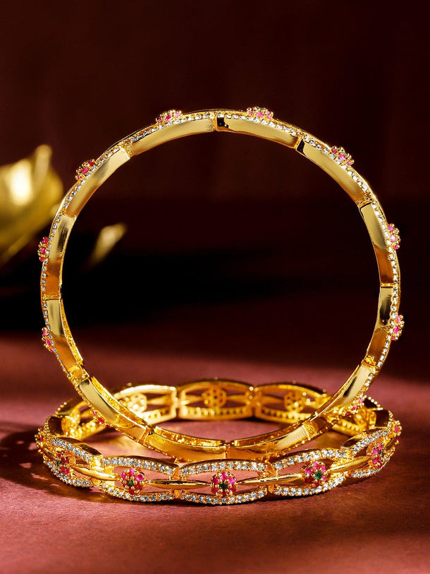 Rubans Set of 2 24K Gold Plated White Red and Green Kundan & Cubic Zirconia Studded Bangles Bangles & Bracelets