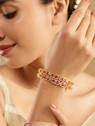Rubans Set of 2 24K Gold Plated White Red and Green Kundan & Cubic Zirconia Studded Bangles Bangles & Bracelets